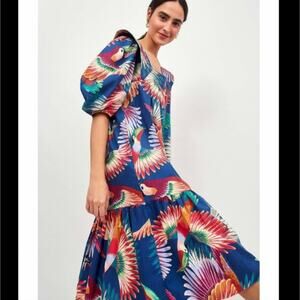 Farm Rio Toucan Puff Sleeve Midi Dress, Size XS